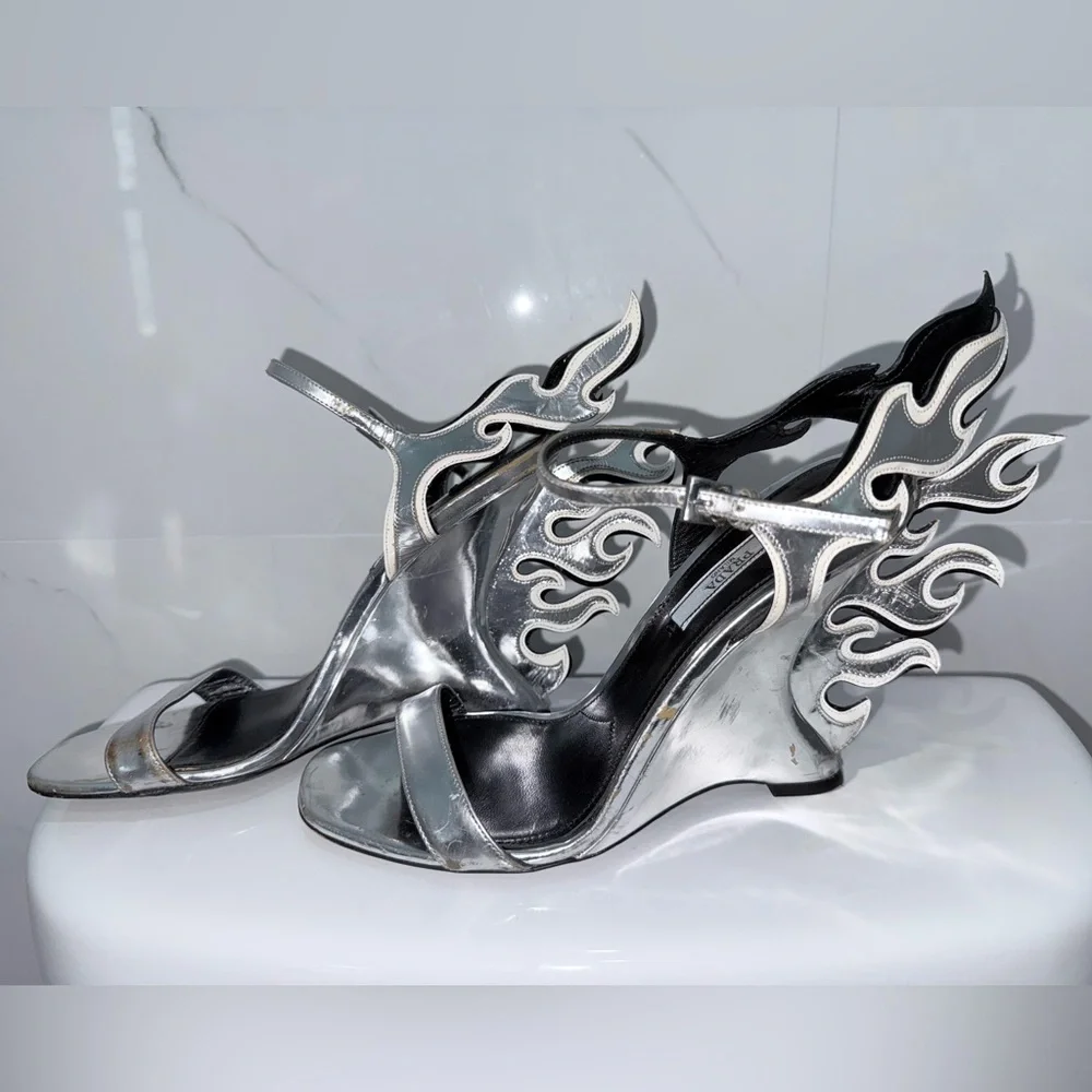 Prada Silver and Black Flame Wedge Sandals Shoes Vintage Y2K 90s Size 39